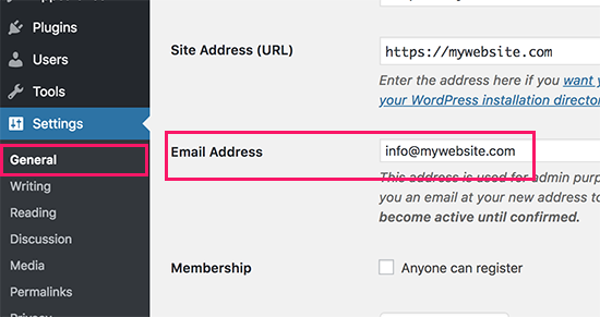 تغییر آدرس ایمیل مدیریت وردپرس